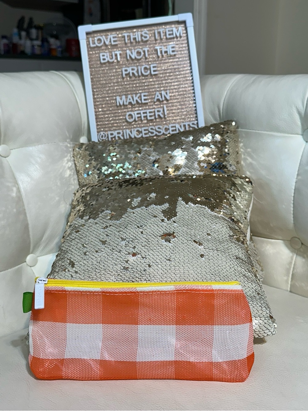 Clinique Gingham Mesh Makeup Bag Travel Cosmetic Bag Orange